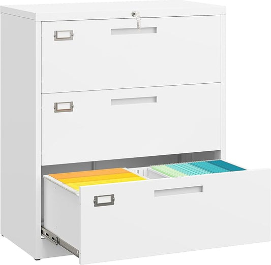 SISESOL 3 Drawer Lateral File Cabinet with Lock,White Lateral Filing Cabinet,Horizontal Metal Filing Cabinets,Locked Wide Three Drawer File Cabinets for Office Home,Fit A4/F4/Letter/Legal File