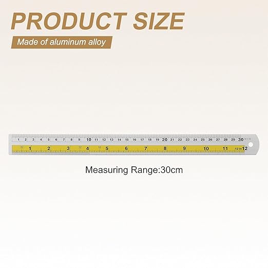 HARFINGTON 4pcs Metal Straight Ruler 30cm Metric SAE Aluminum Alloy Measuring Rulers Scale Tool with Hole for Measure Study Reading Classroom Office, Yellow