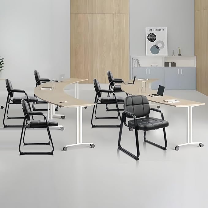 CLATINA Waiting Room Guest Chair with Bonded Leather Padded Arm Rest for Office Reception and Conference Desk Black with Sled Base 8 Pack