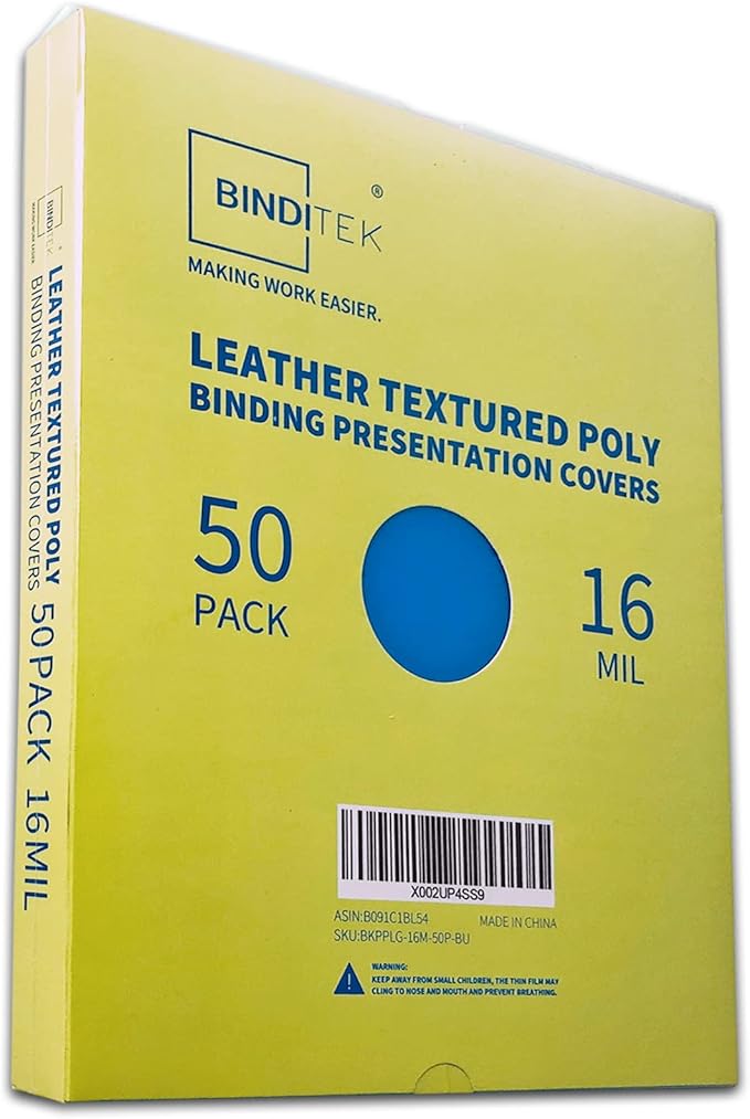 Binditek 50 Pack 16 Mil Leather Textured Polycovers - Binding Presentation Covers for Business Reports and Proposals 8-1/2 x 11 Inches, Blue Color, for Students and Coworkers