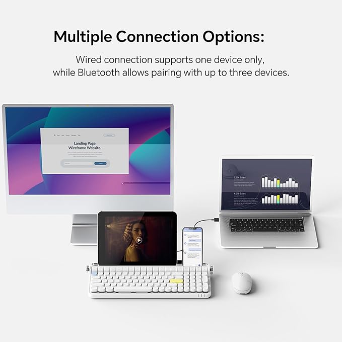 ACTTO B705 Retro Typewriter Keyboard Bluetooth,Vintage Mechanical Keyboard with Tablet Stand,LED Backlight 100 Keys Gaming Keyboard for Windows/macos/iOS/Android,Blue Switch (White)