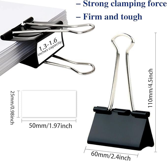 30 Pack Binder Clips with Labels, 2.4 Inch Extra Large Binder Clips Big Paper Clamps for Office and Home Supplies