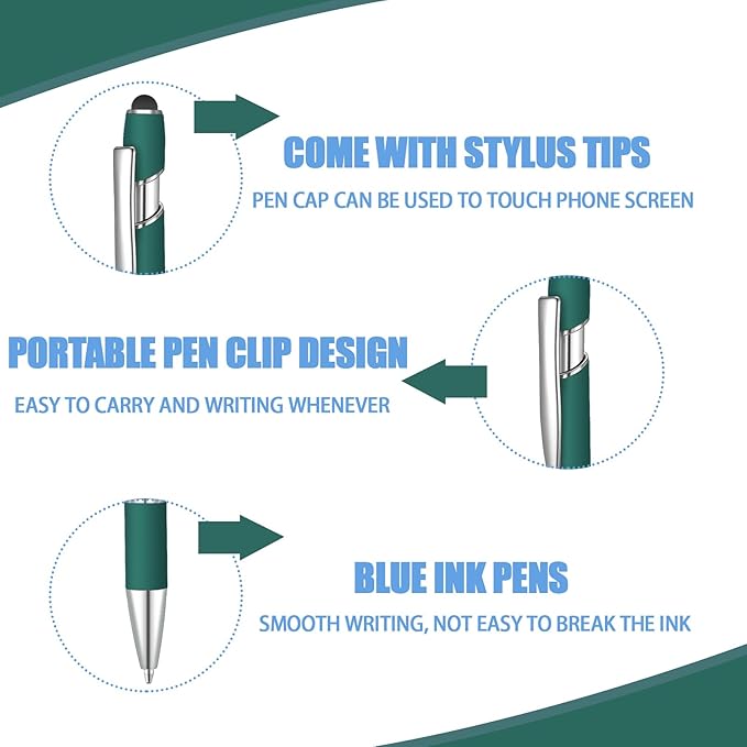 24 Pcs Blue Ink Ballpoint Pen with Stylus Tip 2 in 1 Ballpoint Pen 1.0 mm Blue Ink Metal Stylus Pen for Touch Screens Coworkers, Family, Colleagues, Office (Dark Green)