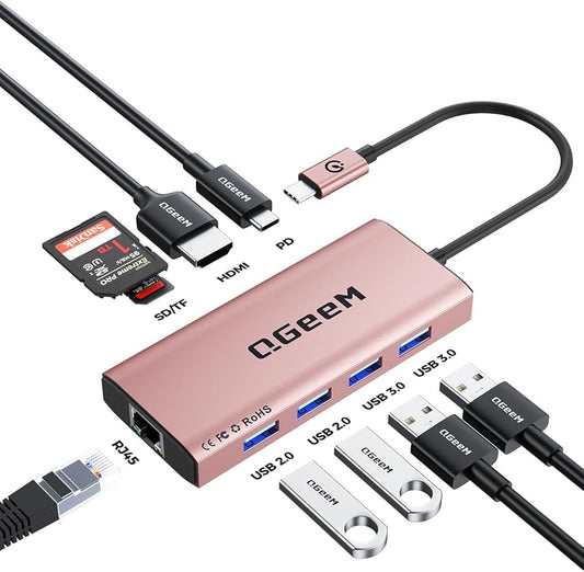 QGeeM USB C Hub Ethernet,9 in 1 USB Type C Hub HDMI Multi-Port Converter Adapter,100W Pd, USB 3.0,SD/TF Card Reader,Compatible for MacBook Pro Air Ipad HP Dell Lenovo Chromebook etc.-Pink
