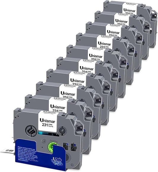 10-Pack TZe-231 Compatible for Brother TZe 12mm 0.47 Inch Laminated White Label Tape Work with Ptouch PTD200 PTD202 PTD210 PTD600 PTD400 PTH100 PTH110 PT1280 Label Maker, Black on White, 26.2Ft (8m)