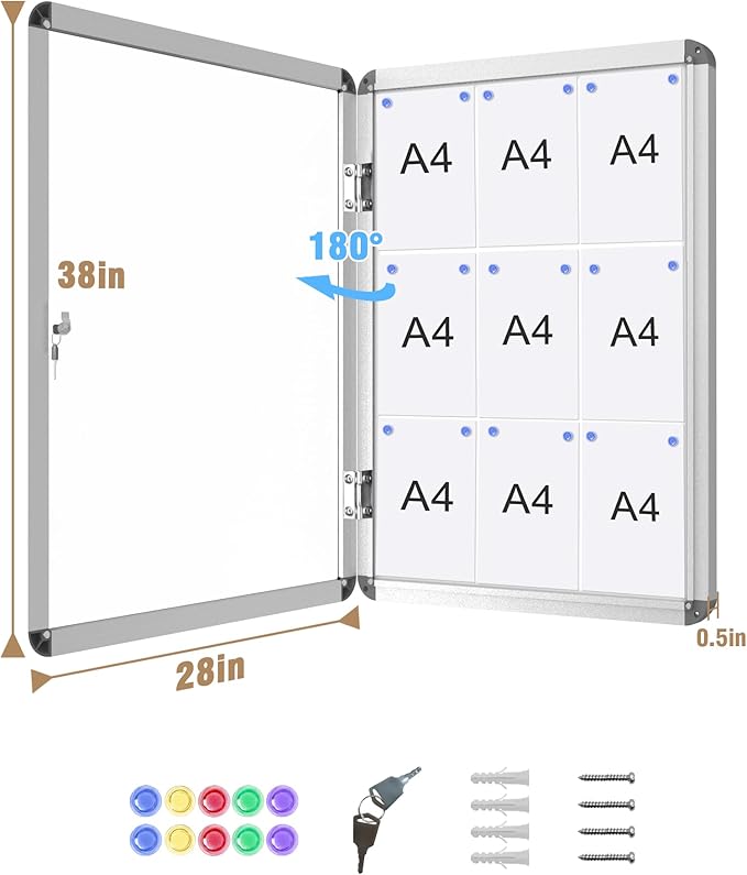 38"x28" Enclosed Bulletin Board, Lockable Weather-Resistant Aluminum Noticeboard for School & Office, Silver Frame w/Magentic Whiteboard