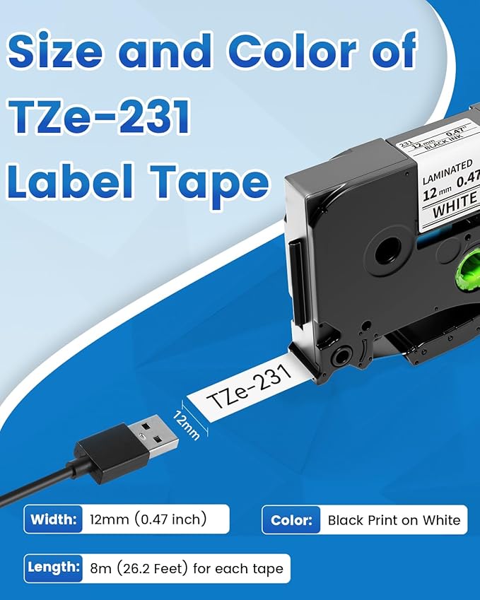 Anycolor Compatible with Brother P Touch Label Tape TZe TZ Tape 12mm 0.47 Laminated White Replace for TZe-231 Label Maker Tape Ptouch PT-D210 PT-D220 PT-H110 PT-D610BT PT-D600 PT-D410 PT-D400, 5pk