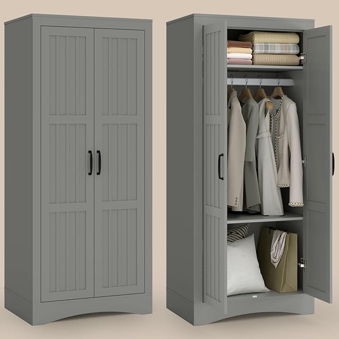2 Door Wardrobe Closet, Wood Armoire with 2 Shelves and Hanging Rod, Freestanding Tall Storage Cabinet, Bedroom and Guest Room Armoire Cabinet for Clothes Storage, Gray