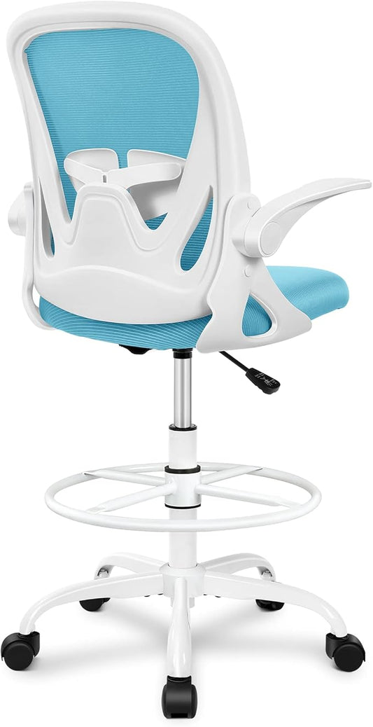 Primy Drafting Chair Tall Office Chair with Flip-up Armrests Executive Ergonomic Computer Standing Desk Chair with Lumbar Support and Adjustable Footrest Ring（Blue）