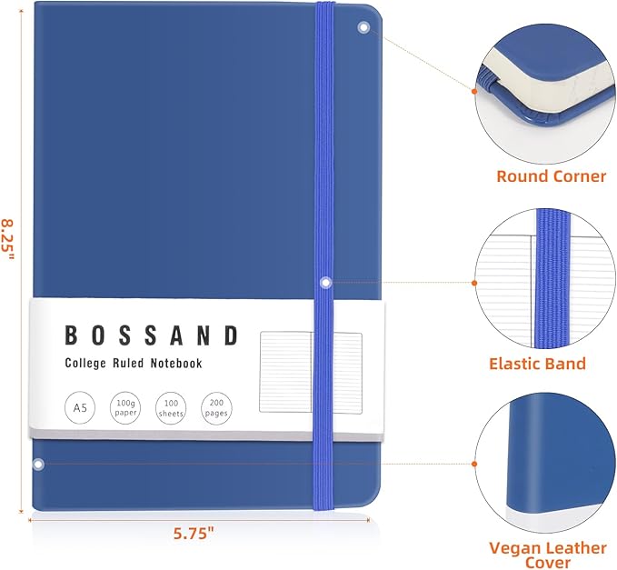 BOSSAND Lined Journal Notebooks, 6 Pack A5 Journals for Writing, 200 Pages 100 GSM Thick Classic Ruled Paper, Hardcover, 8.25 inches x 5.75 inches, 6 Colors