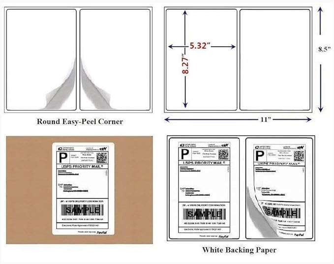 BESTEASY Round Corner Half Sheet Self Adhesive Shipping Labels for Laser and Ink Jet Printers, White Blank (4000 Sheets, 8000 Labels)