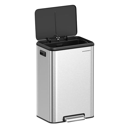 SONGMICS Kitchen Trash Can, 10.5-Gallon (40L) Garbage Can with Lid and Wide Foot Pedal, Soft Close and Stays Open, Silver ULTB541E40