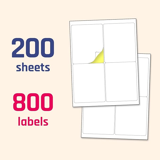 (4" x 5") 200 Sheets, Large White Labels Stickers - Laser/Inkjet Printable