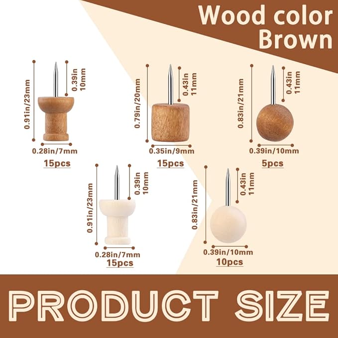 60 Pcs Wood Push Pins, 2 Colors and 5 Types Decorative Thumb Tacks Wooden Head Pin Map Tacks Marking Pin, Wood Thumb Tacks Decorative for Bulletin Boards Craft Projects with Storage Box