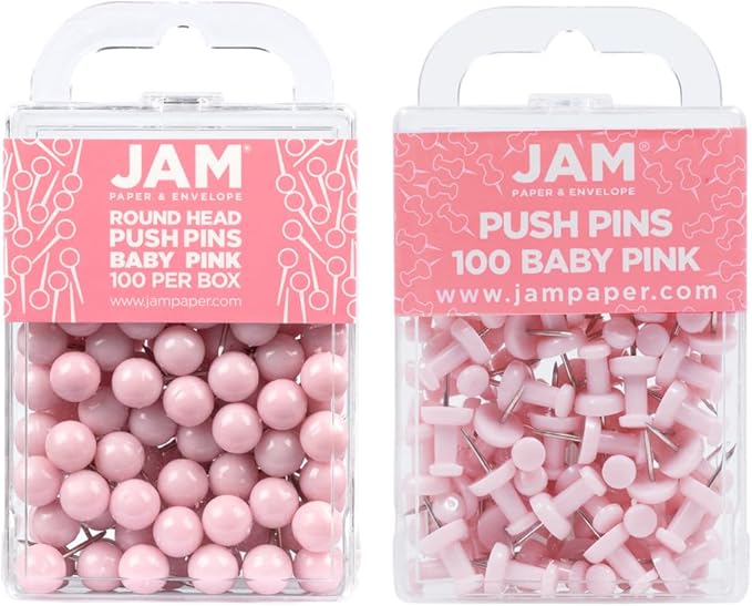 JAM PAPER Colorful Push Pins - Flat & Round Head Thumb Tack Combo Set - Baby Pink Pushpins - 200/Pack