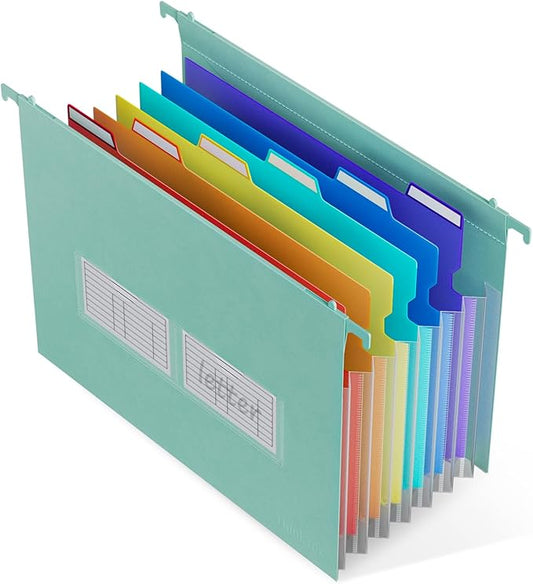 ThinkTex Plastic Expanding Hanging File Folders, 7 Innovative 1.2" Accordion Pockets, Large Capacity, Multi-Color Tabs, Letter Size for Filing Cabinet - Green