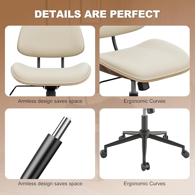 Armless Office Chair with Wheels, PU Leather Adjustable Height Desk Chair - 360° Swivel Ergonomic Computer Chair for Small Space, Modern Walnut Style, Home & Meeting Room, Beige