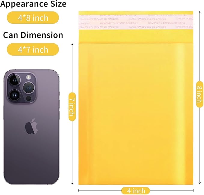 Kraft Bubble Mailers 4×8' Inch 50 Pack Yellow shipping envelopes Self-Seal Padded Mailing Envelopes for Jewelry Makeup Supplies and Small Business Packaging