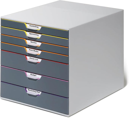 Durable Varicolor 7 Drawer Unit - Gray Desktop Drawer Set with 7 Color Coded Draws - Letter to Folio Size Files - Perfect for Storing Documents and Paper Work