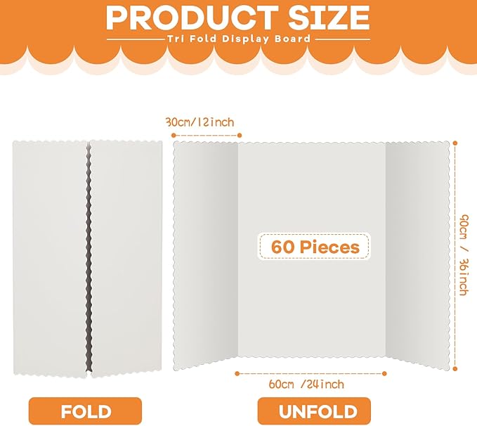 Ctosree 60 Pcs Tri Fold Display Board,36" x 48" Portable Lightweight Foldable Presentation Poster Board for Office Projects Exhibitions Workshops, White