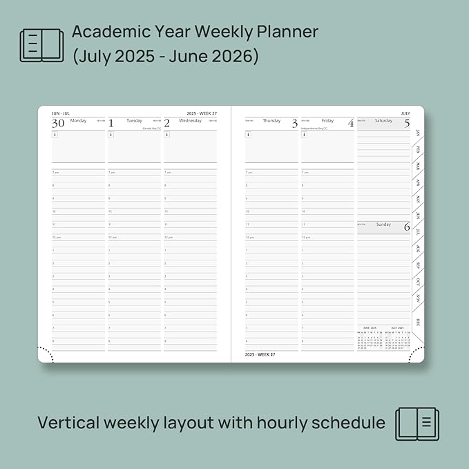 POPRUN Planner 2025-2026, (Medium 6.5'' x 8.5'' Hard Cover) Academic Calendar (July 25-June 26) Daily Weekly and Monthly Appointment Book with Hourly Time Slots, Monthly Tabs, 100 GSM - Violet