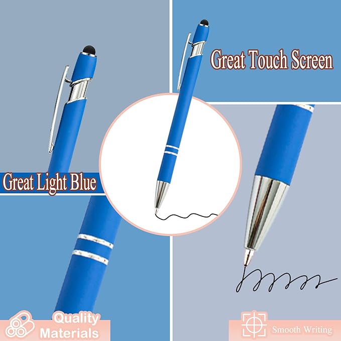 PASISIBICK 12 Pieces Blue Ballpoint Pen with Stylus Tip, 2 in 1 Stylus Stylish Pen, Blue Metal Stylus Pen for Touch Screens, Black Ink, 1.0 mm Medium Point(12 PCS Light Blue)