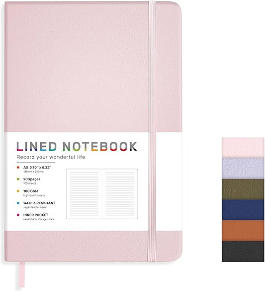 Lined Journal Notebook for Women Men, 200 Pages A5 Hardcover Leather Journals for Writing,Travel,School,Office,Work,Business,College Ruled Notebooks for Note Taking, Diary Notepad 5.7"×8.3"(Pink)