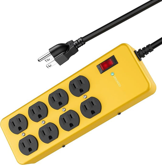 Heavy Duty Power Strip,Industrial Heavy Metal Case Surge Protector,8 AC Outlets,15Amp,2700 Joules,Protected' Indicator,14 Gauge Cord (Yellow, 10FT Length)