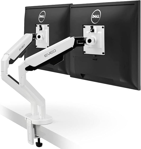 EVEO Premium Dual Monitor Mount 14"-35” Dual Monitor Arm VESA Bracket Adjustable Height Gas Spring Dual Monitor Stand, Screen Full Motion Dual Monitor Arm-Computer Monitor Stand for 2 Screens - White
