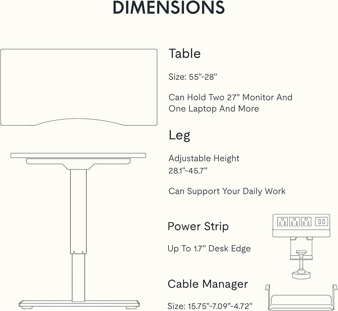 FLEXISPOT EN2 Whole-Piece Standing Desk with Clamp Power Strip, 55 x 28 Electric Stand Up Height Adjustable Desk with Cable Management (White Frame + 55" White Wood Grain Desktop, 2 Packages)
