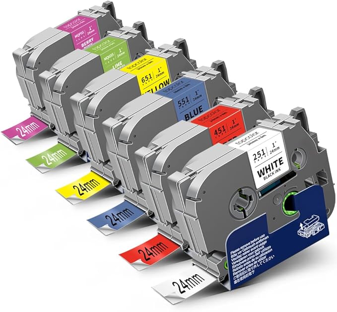 6-Pack 24mm 0.94" Label Maker Tape Compatible for Brother Label Tape 1 Inch PTouch Tze Tz 24mm Laminated Colored for PTP710BT PT-D610BT PTD600 PT2300, White/Red/Yellow/Blue/Green/Pink