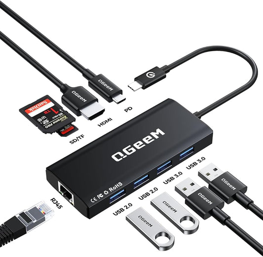 QGeeM USB C Hub Ethernet,9 in 1 USB Type C Hub HDMI Multi-Port Converter Adapter,100W Pd, USB 3.0,SD/TF Card Reader,Compatible for MacBook Pro Air Ipad HP Dell Lenovo Chromebook etc.-Black