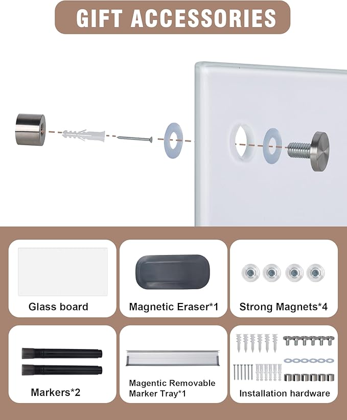Magnetic Glass Whiteboard，36"x24" Wall Mounted Frameless Dry Erase Board for Office, Home & School Ultra White