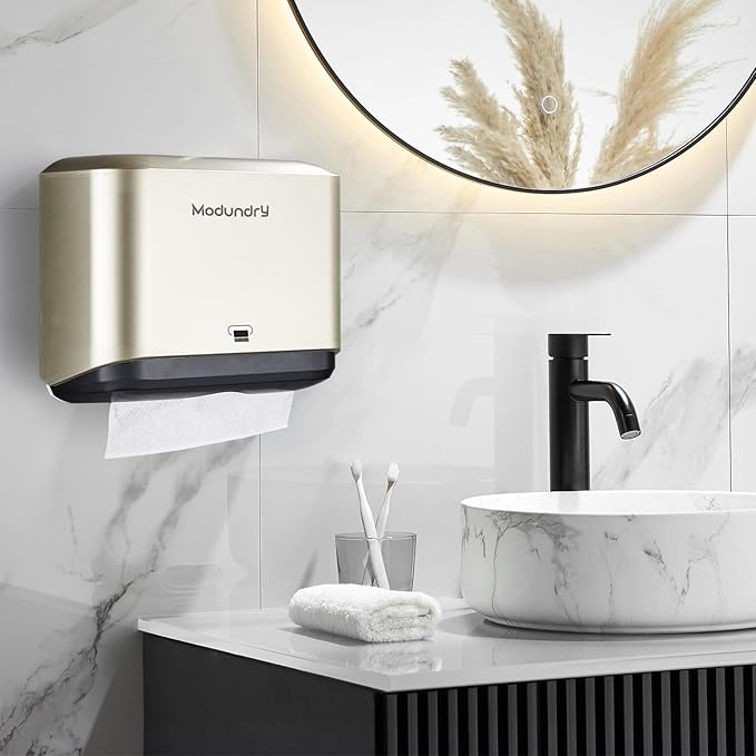 Wall Mount Paper Towel Dispensers - Multifold Tissue Dispenser with Smart Lock, Adhesive No Drilling/Screws Install, Hand Towel Holder for Home Bathroom, Restroom, Office (Gold)