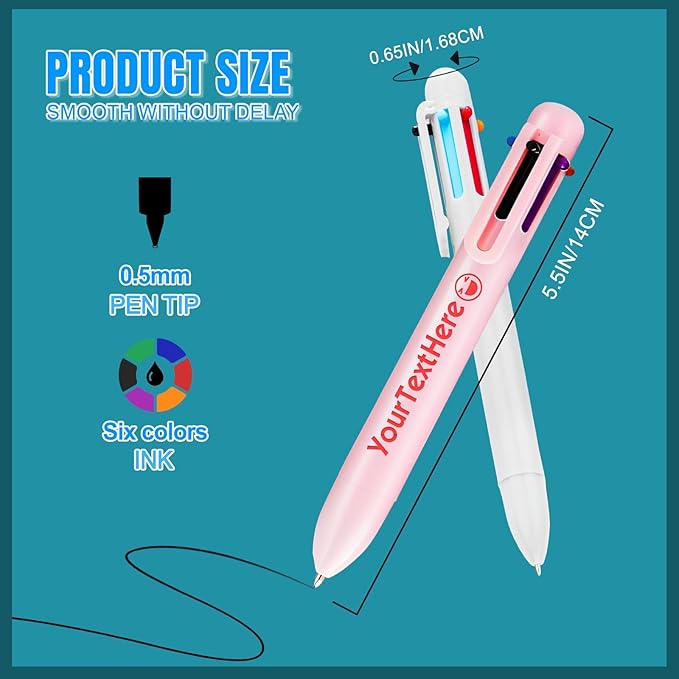 Custom 6-In-1 Multicolor Ballpoint Pen 0.5mm Tip Personalized Pens with Text Logo Name Printed Customized Pens Gift for Businesses School Office Employee Exhibition, 7PCS