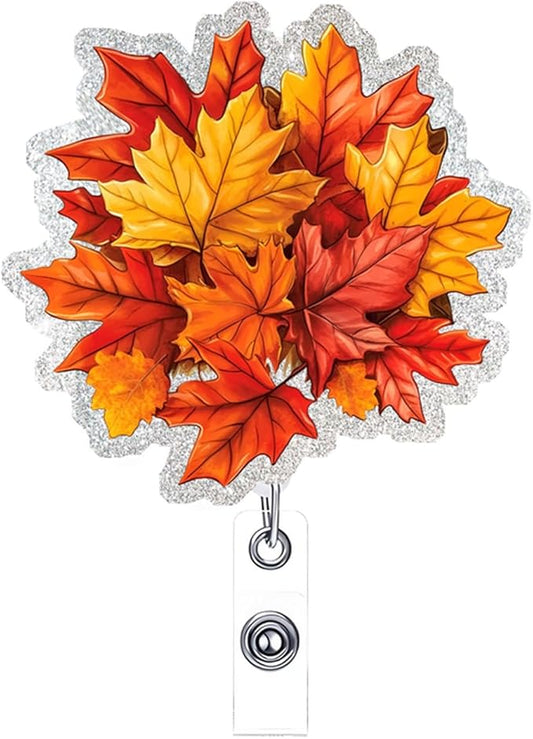 Autumn Leaves Badge Reel Retractable Badge Holder with Alligator Clip Fall Acrylic ID Name Card Scroll Red Maple Leave Badge Clips Designs for Student Teacher Office School Worker Nurse Decoration