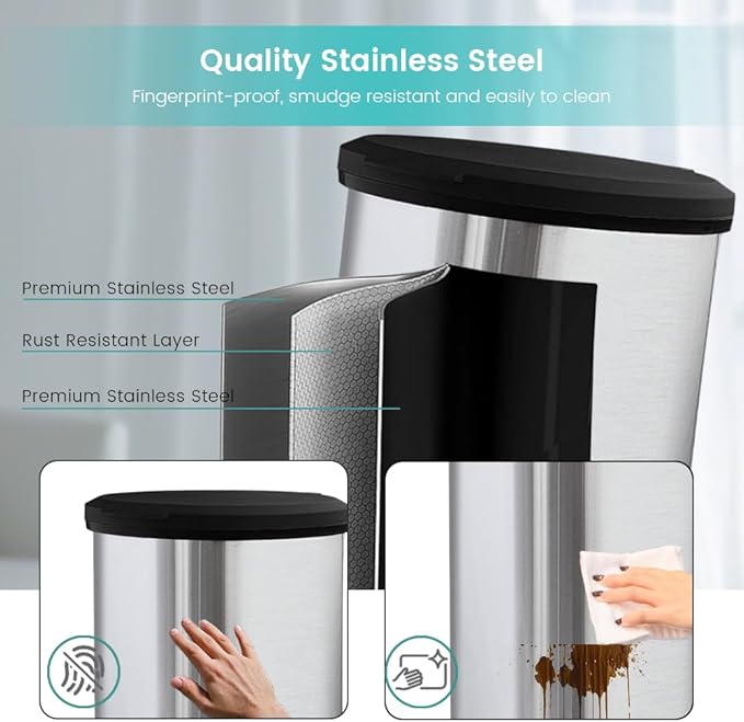 10 Gallon Stainless Steel Trash Can – Round Tall Design, Hands-Free Pedal, Liner-Free with Inner Ring Bag Holder, Rust-Proof for Kitchen, Office, or Bathroom (12.8" x 13.6" x 24")