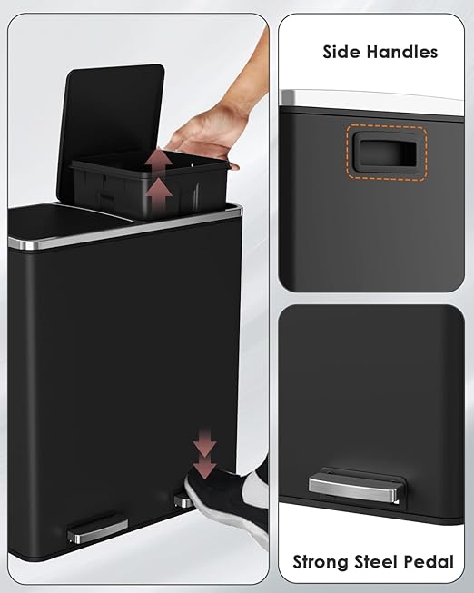 Arlopu 16 GallonStainless Steel Trash Can, 60L Dual Compartment, Metal Kitchen Step Recycle Bin, Metal Double Dustbin, in-Home Garbage Rubbish Can W/Removable Liner Buckets (Black)