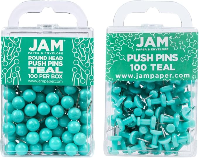 JAM PAPER Colorful Push Pins - Flat & Round Head Thumb Tack Combo Set - Teal Pushpins - 200/Pack