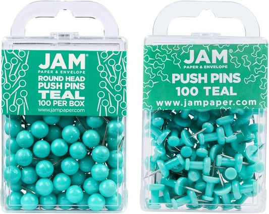 JAM PAPER Colorful Push Pins - Flat & Round Head Thumb Tack Combo Set - Teal Pushpins - 200/Pack