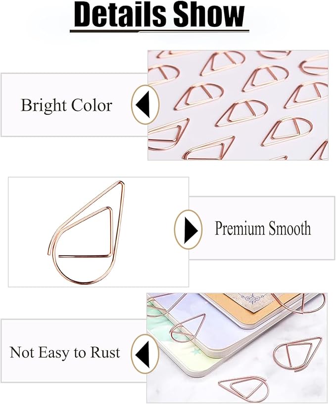 200 Pcs Teardrop Paper Clips Bulk,Stainless Steel Rust-Resistant Paperclips for Wedding Invitations, 3X Stronger Hold with Mirror Polish(Rose Gold + Gold, 1inch)