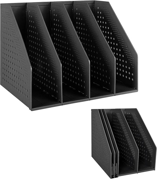 SAYEEC Collapsible Magazine Holder Plastic Desktop 4 Compartment File Rack Magazine Organizer Vertical File Divider Sorter Storage Document Organizer for Office Home School Black
