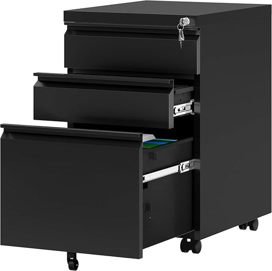 YITAHOME 3 Drawer File Cabinet with Lock, 20” Deep Office Vertical Files, Mobile Metal Filing Cabinet, Metal Vertical Filing Storage Cabinet for Letters/Legal/A4 Size，Black