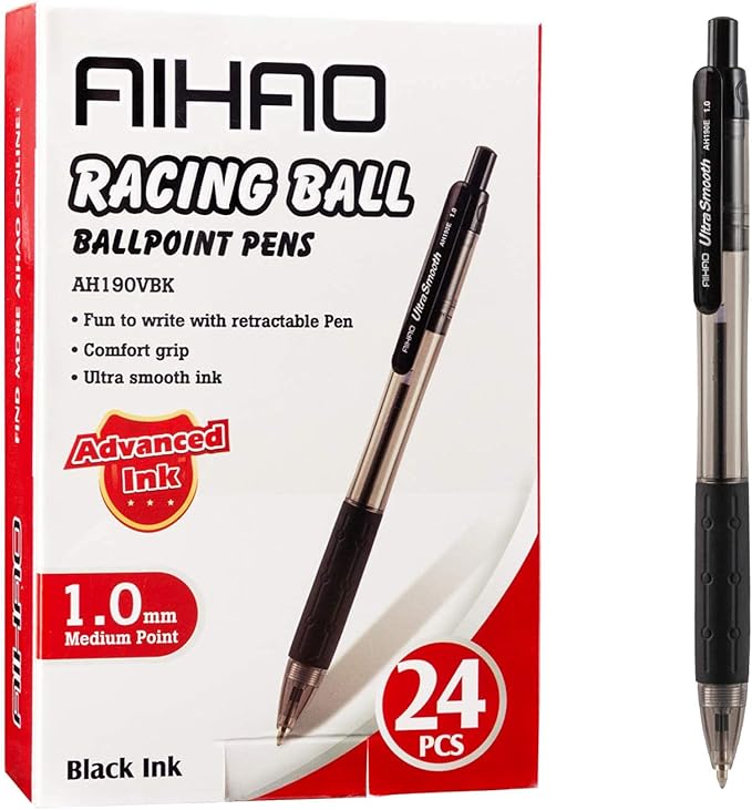 AIHAO Retractable Black Ballpoint Pen for Smooth Writing, Medium Point (1.0mm), Pack of 24, No Bleed Click Pens with Comfort Grip, Idea for Journaling, Planner, Note Taking