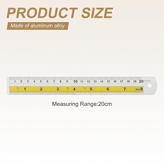 HARFINGTON 4pcs Metal Straight Ruler 20cm Metric SAE Aluminum Alloy Measuring Rulers Scale Tool with Hole for Measure Study Reading Classroom Office, Yellow