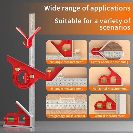 BAUSATZ Combination Square 400mm Carpenter Square Woodworking Square Ruler Protractor Angle Finder Combo Square Tool 180° Angle Ruler Carpenter Tool Combination Square Set with Bubble Level