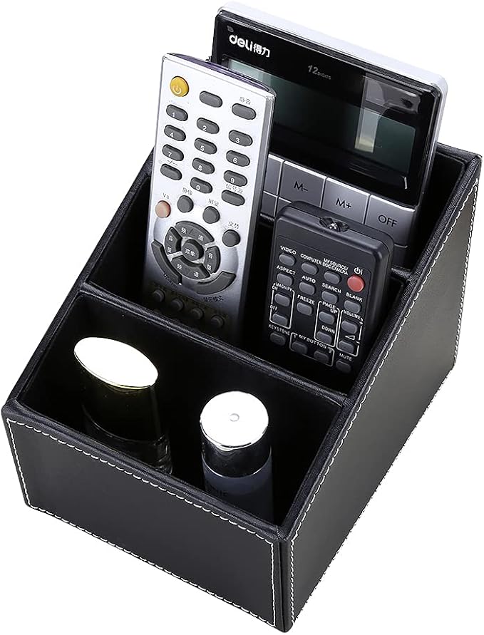 KINGFOM Remote Control Holder with 3 Compartments Pu Leather Remote Caddy Desktop Organizer Store Brush, Pencil, TV Guide, DVD, CD, Blu-Ray, Media Player, Heater Controllers(Black)
