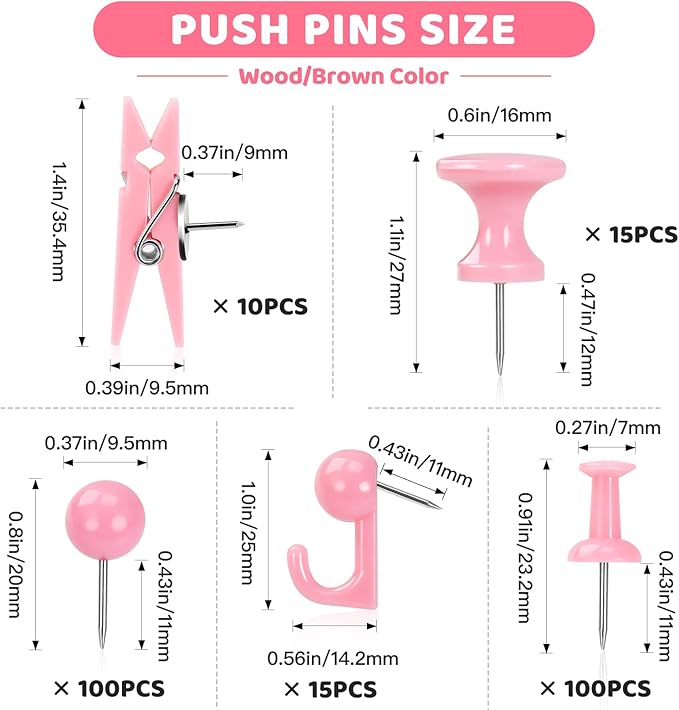 240Pcs Pink Thumb Tacks,5 Style Cute Push Pins, Decorative Push Pins for Bulletin Boards, Cork Board, Pink Office Supplies, Office Decor