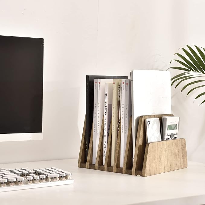 KIRIGEN Wood File Mail Organizer 7 Slots File Paper Holder Desktop Wood Document Letter Holder Organizer for Home Office Brown (7KWJJ-DBR)