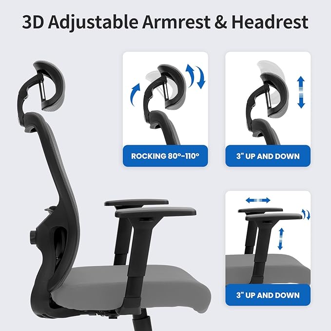 Ergonomic Desk Office Chair, High Back Home Computer Chair with Adjustable Swivel 3D Armrests for Comfort Lumbar Supports Up to 400lbs (Grey)